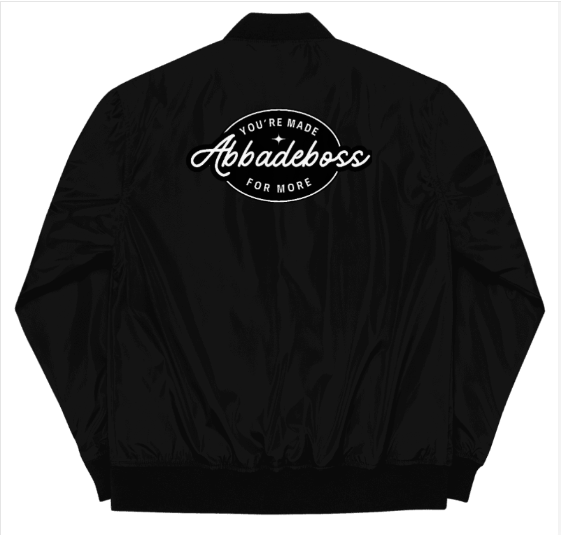 White Embroidery Stay Bold Abbadeboss Premium recycled bomber jacket for men / jacket for women
