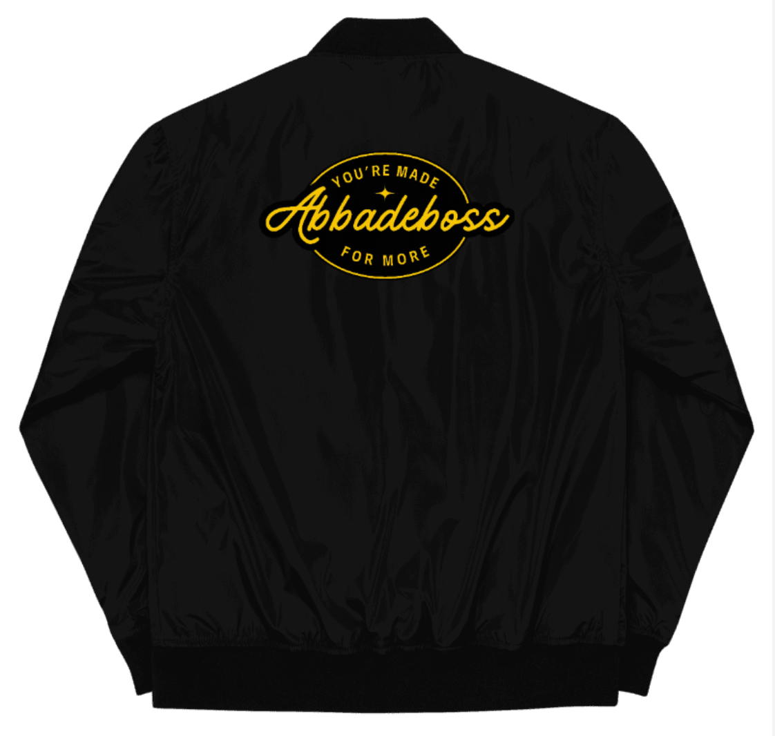 Yellow Embroidery Stay Bold Abbadeboss Premium recycled bomber jacket for men / Jacket for women