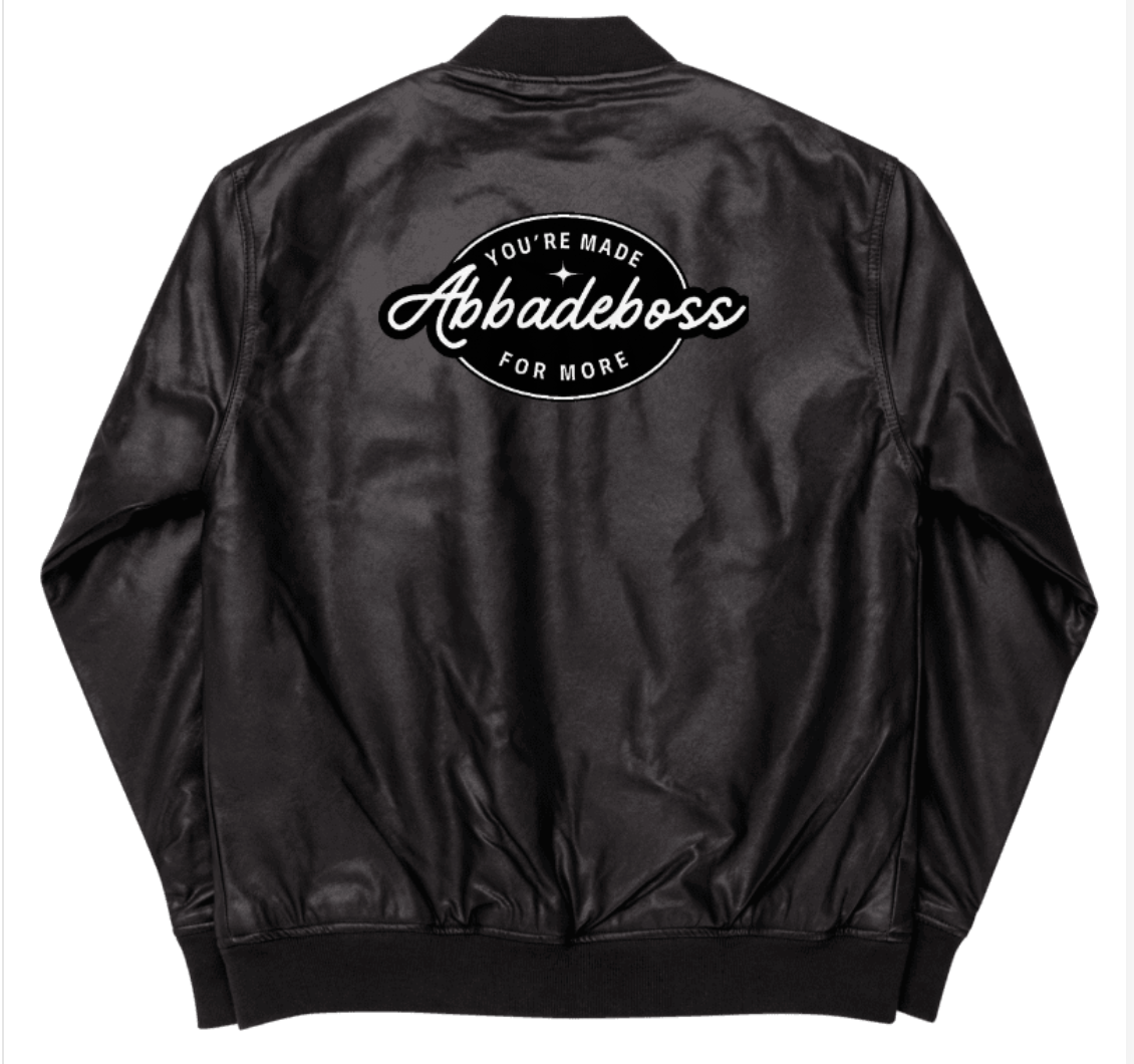 White Embroidery Dream Bold Abbadeboss Black Leather Bomber Jacket for men / Jacket for Women