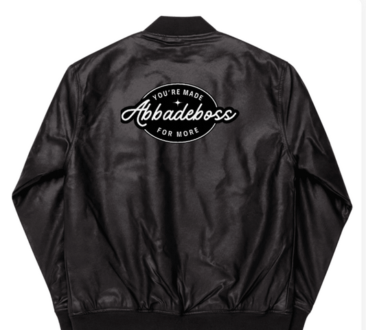 White Embroidery Stay bold Abbadeboss black leather Bomber Jacket for men / leather jacket for women